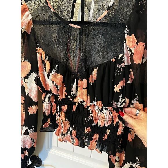 NWOT Free People Daphne Lace Floral Smocked Long Sleeve Black Pink Top Small - Picture 5 of 13